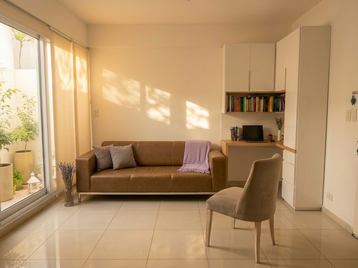 Consultorio sereno en Caballito con luz natural, preparado para sesiones de psicoterapia