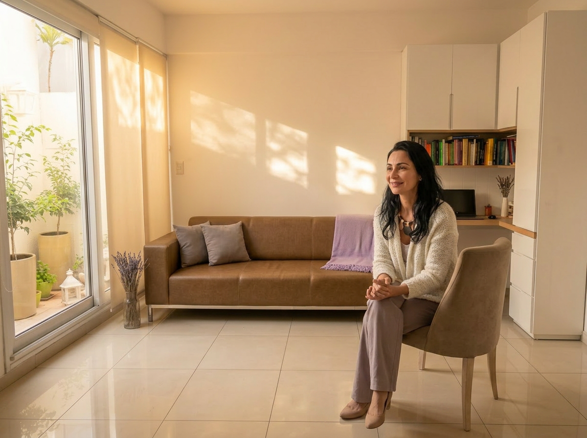 Lic. Fernanda Suárez López en su consultorio de Caballito, espacio sereno con luz natural
